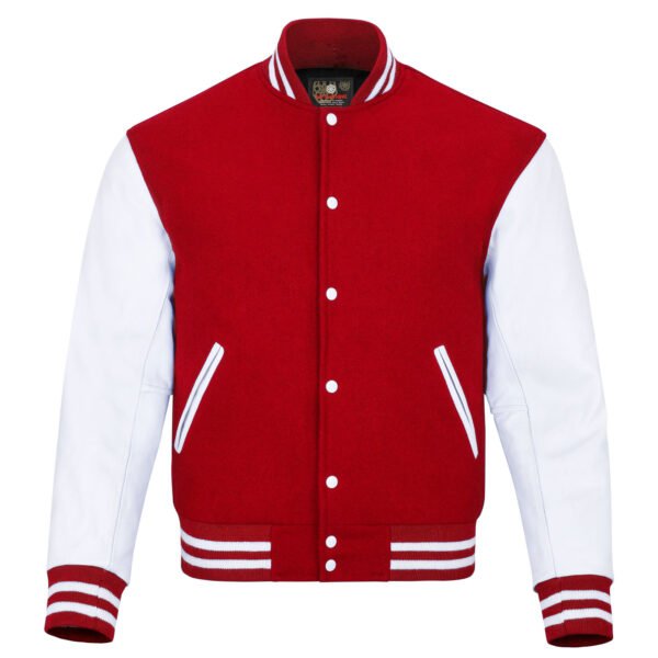 Red and White Leather Sleeve Varsity Jacket