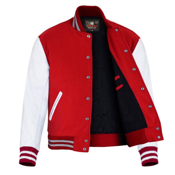 Red and White Leather Sleeve Varsity Jacket