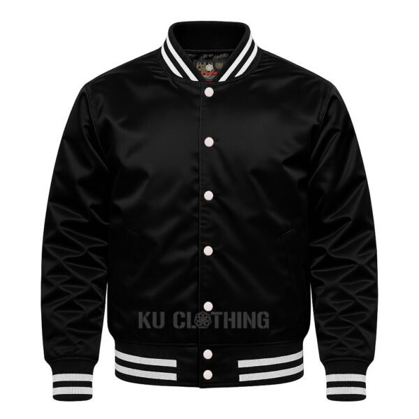 Satin Bomber Varsity Jacket Black
