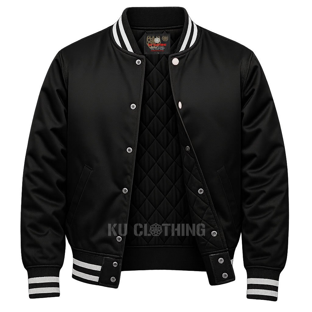 Satin Bomber Varsity Jacket Black - KU Varsity Jackets