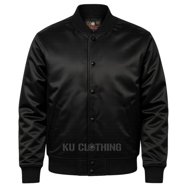 Satin Bomber Varsity Jacket Solid Black