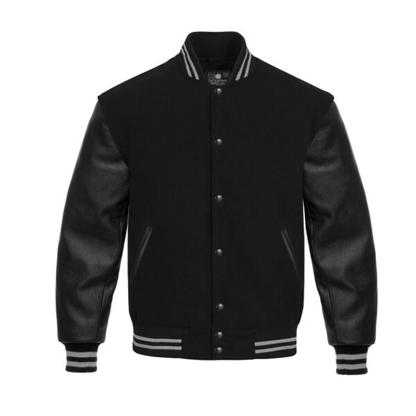 Black leather Sleeve Varsity Jacket Gray Stripes