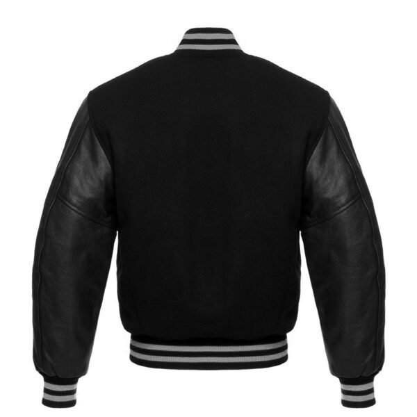 Black leather Sleeve Varsity Jacket Gray Stripes