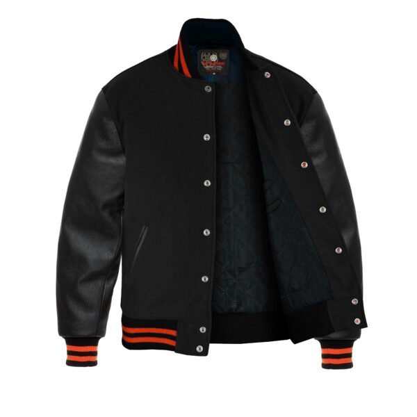 Black Leather Sleeve Varsity Jacket Red Stripes