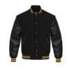 Black leather Sleeve Varsity Jacket Yellow Stripes