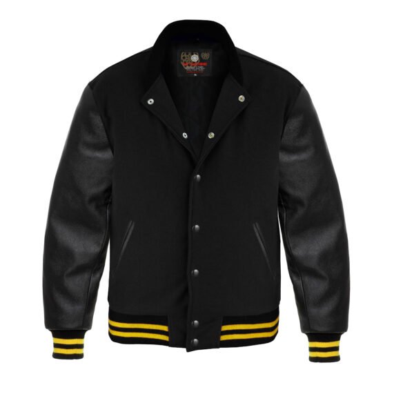 Black leather Sleeve Varsity Jacket Yellow Stripes