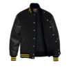 Black leather Sleeve Varsity Jacket Yellow Stripes
