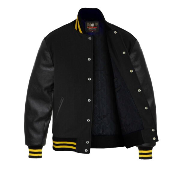 Black leather Sleeve Varsity Jacket Yellow Stripes