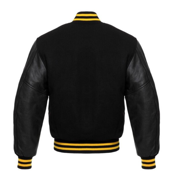 Black leather Sleeve Varsity Jacket Yellow Stripes