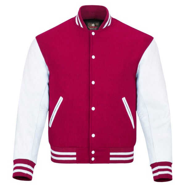 Hot Pink and White Leather Sleeve Varsity Jacket