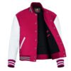 Hot Pink and White Leather Sleeve Varsity Jacket