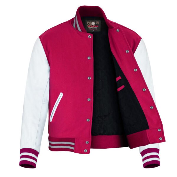 Hot Pink and White Leather Sleeve Varsity Jacket