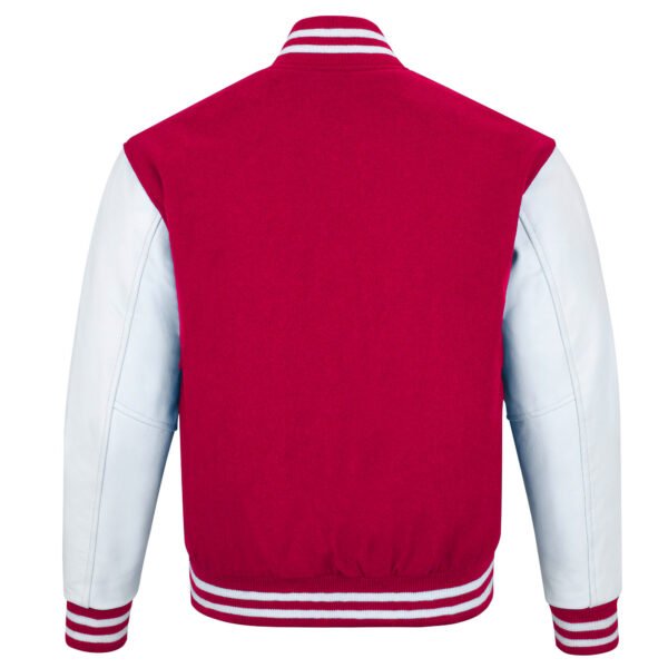 Hot Pink and White Leather Sleeve Varsity Jacket