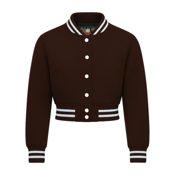All Wool Women Croptop Baseball Varsity Jacket Dark brown