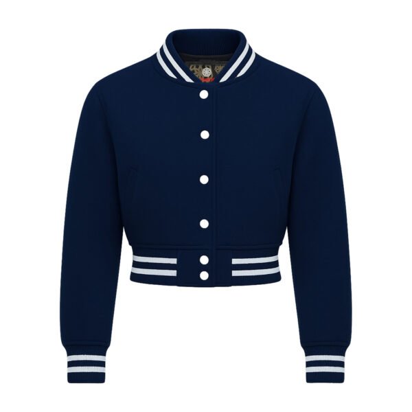 All Wool Women Croptop Baseball Varsity Jacket Navy