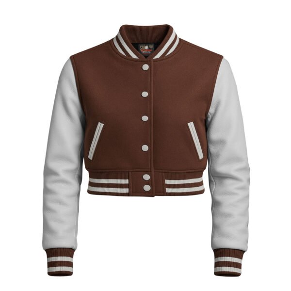 Women Croptop Letterman Varsity Jacket Brown & White