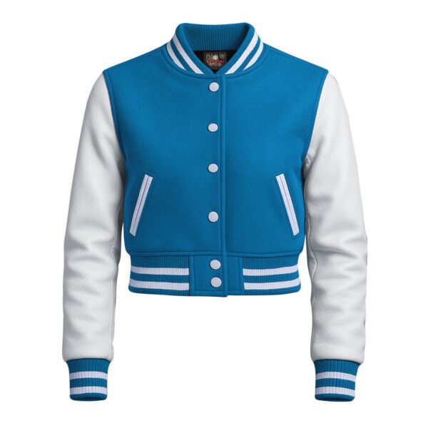 Women Croptop Letterman Varsity Jacket Columbia & White