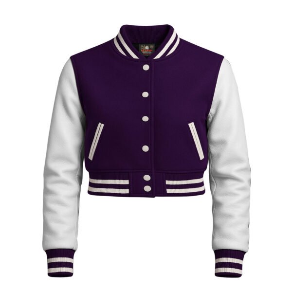 Women Croptop Letterman Varsity Jacket Dark Purple & White