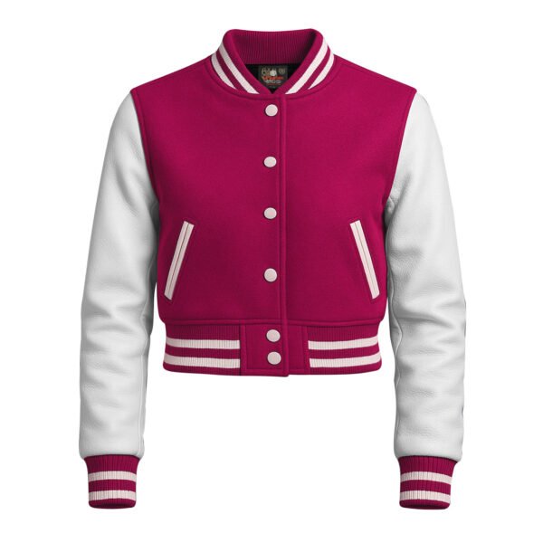 Women Croptop Letterman Varsity Jacket Hot Pink & White