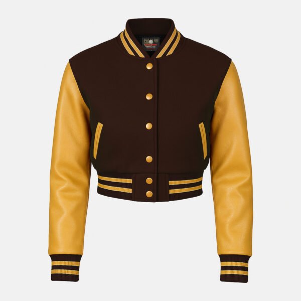 Women Croptop Letterman Varsity Jacket Dark Brown & Gold