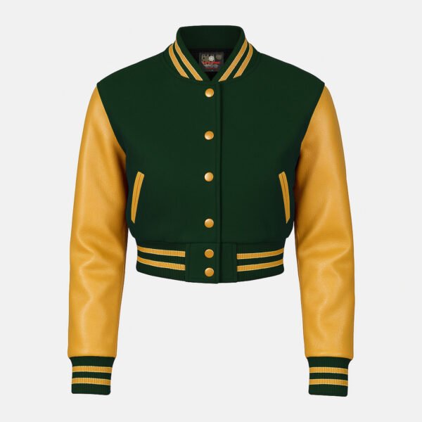 Women Croptop Letterman Varsity Jacket Dark Green & Gold