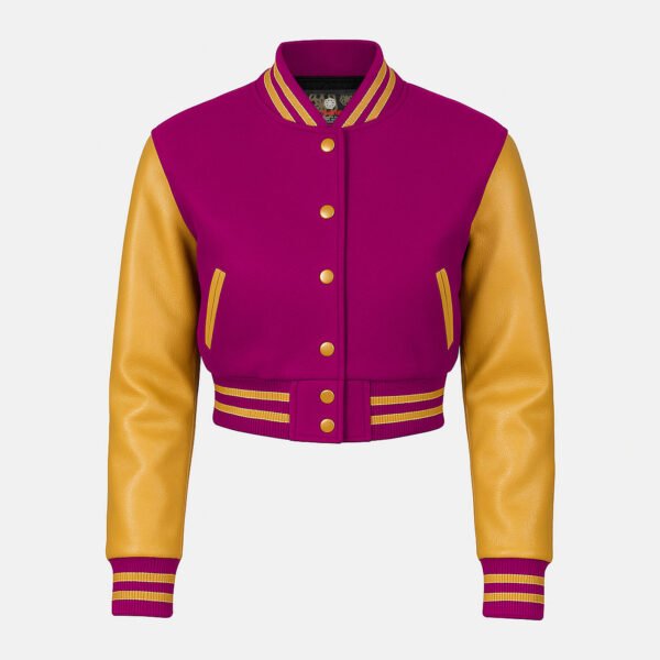 Women Croptop Letterman Varsity Jacket Hot Pink & Gold