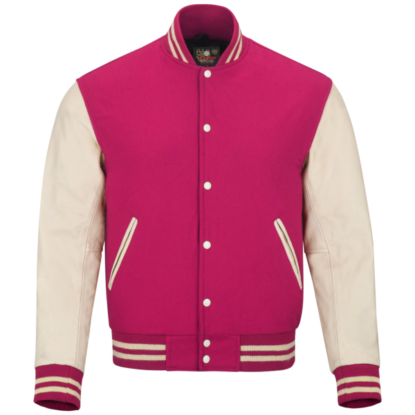Hot Pink wool and Cream Leather Sleeve Varsity Jacket