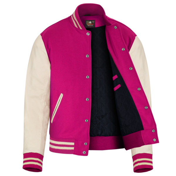 Hot Pink wool and Cream Leather Sleeve Varsity Jacket