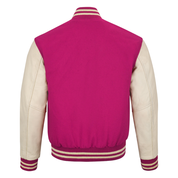 Hot Pink wool and Cream Leather Sleeve Varsity Jacket