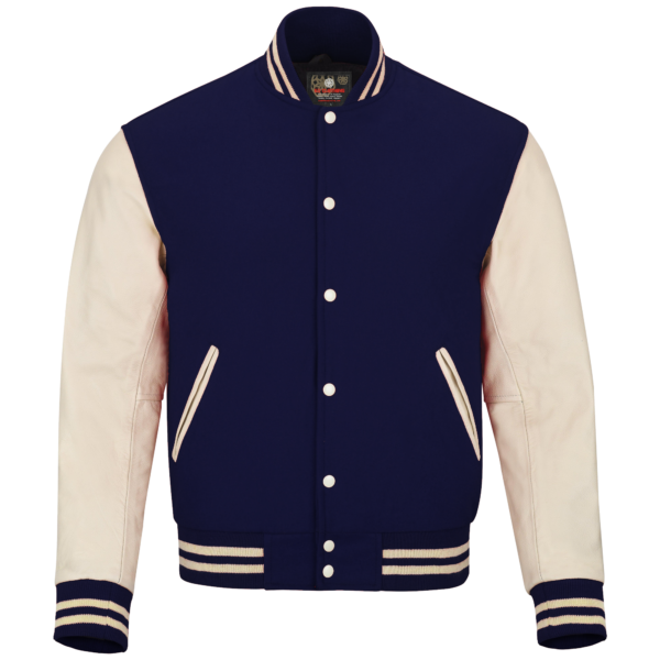 Navy wool and Cream Leather Sleeve Varsity Jacket