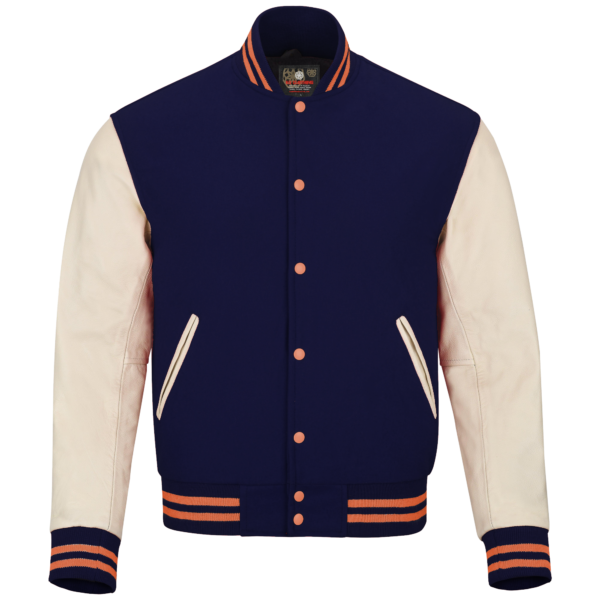 Navy wool and Cream Leather Sleeve Varsity Jacket With Golden Stripes