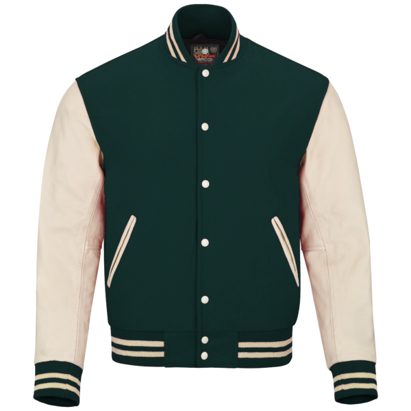 Dark Green wool and Cream Leather Sleeve Varsity Jacket