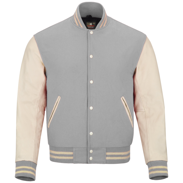 Gray wool and Cream Leather Sleeve Varsity Jacket