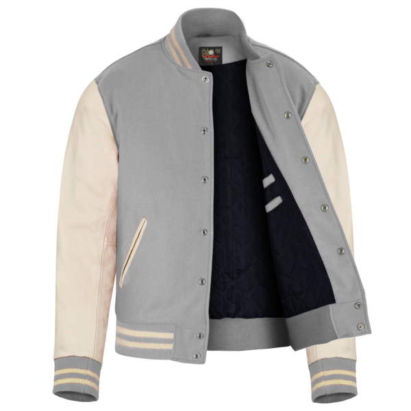 Gray wool and Cream Leather Sleeve Varsity Jacket