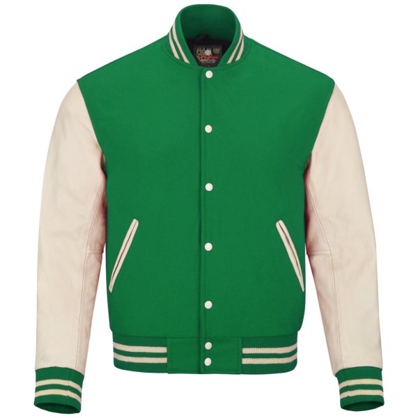 Kelly Green wool and Cream Leather Sleeve Varsity Jacket
