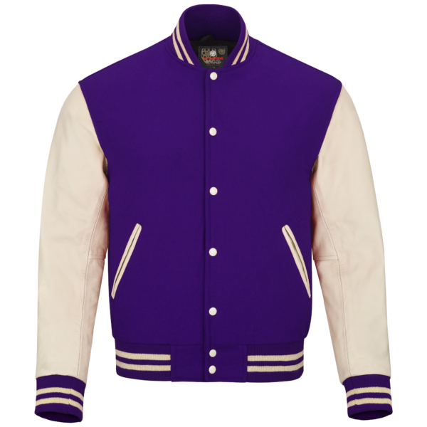 Blue wool and Cream Leather Sleeve Varsity Jacket