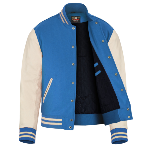 Sky Blue wool and Cream Leather Sleeve Varsity Jacket
