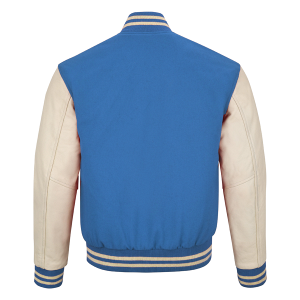 Sky Blue wool and Cream Leather Sleeve Varsity Jacket