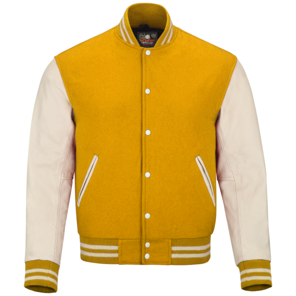 yellow wool and Cream Leather Sleeve Varsity Jacket