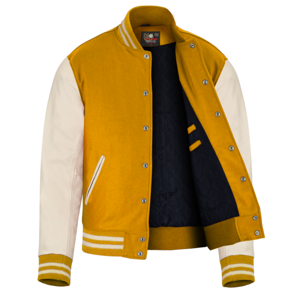 yellow wool and Cream Leather Sleeve Varsity Jacket