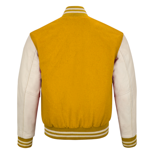 yellow wool and Cream Leather Sleeve Varsity Jacket