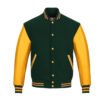 Dark Green wool and Gold Leather Sleeve Varsity Jacket