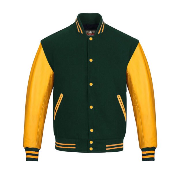 Dark Green wool and Gold Leather Sleeve Varsity Jacket