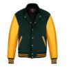 Dark Green wool and Gold Leather Sleeve Varsity Jacket