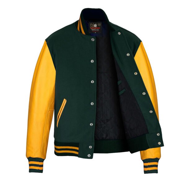 Dark Green wool and Gold Leather Sleeve Varsity Jacket