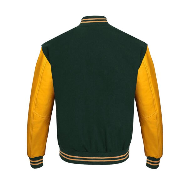 Dark Green wool and Gold Leather Sleeve Varsity Jacket