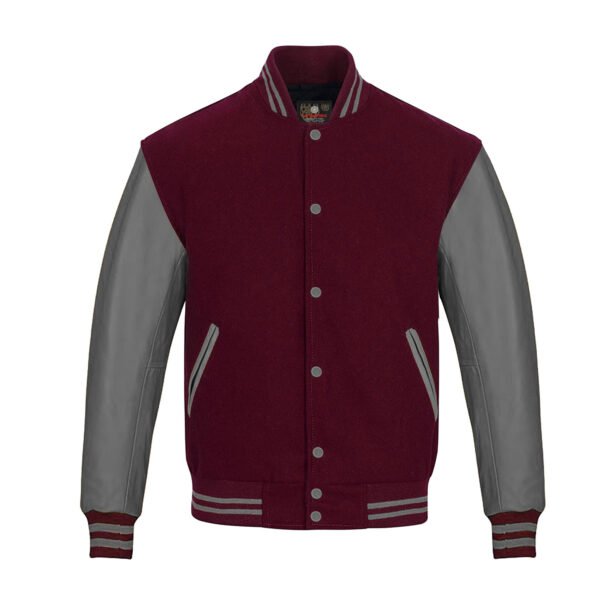 Maroon wool and Gray Leather Sleeve Varsity Jacket