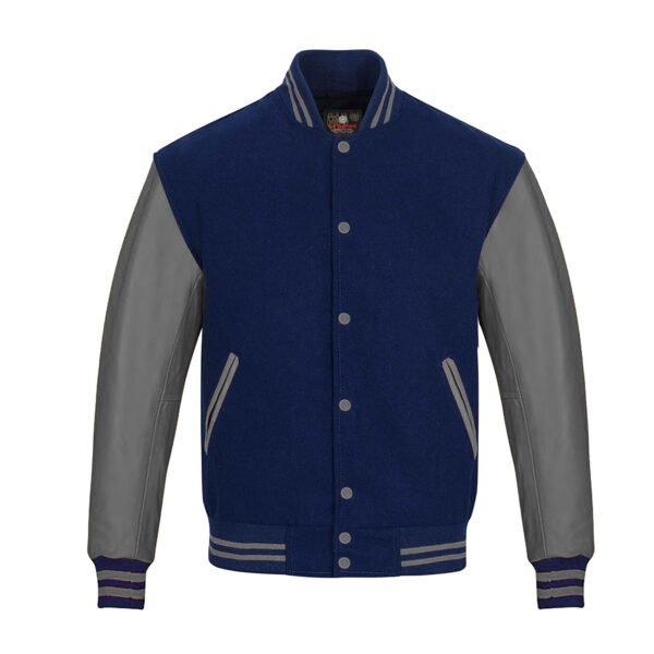 Navy wool and Gray Leather Sleeve Varsity Jacket