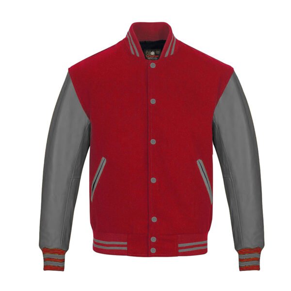 Red wool and Gray Leather Sleeve Varsity Jacket
