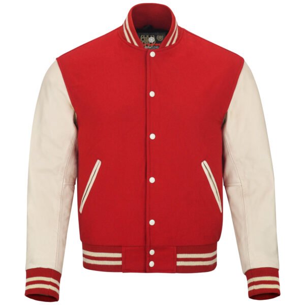 Red wool and Cream Leather Sleeve Varsity Jacket